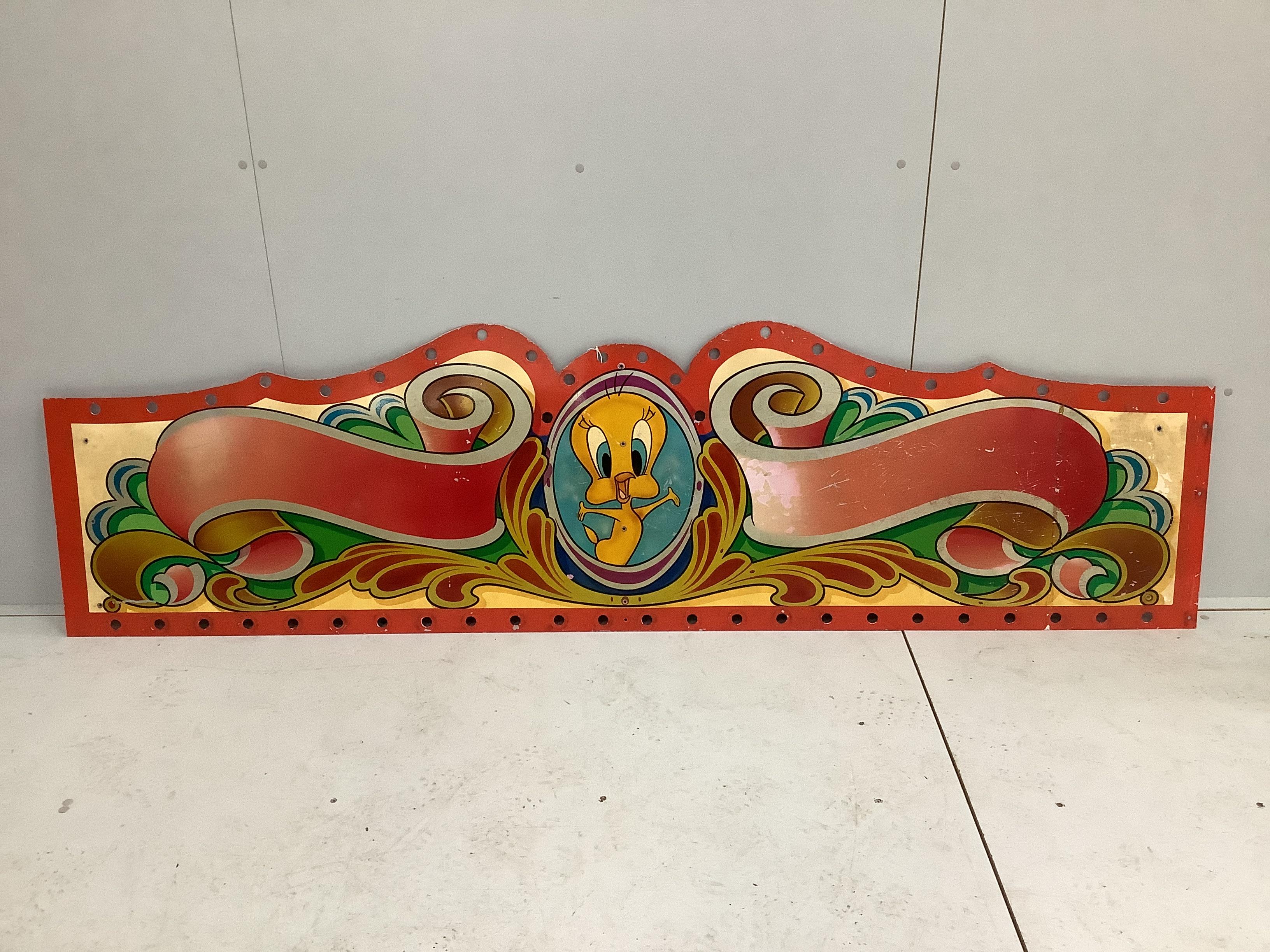 A vintage metal 'Tweety Pie' fairground panel, length 225cm, height 62cm